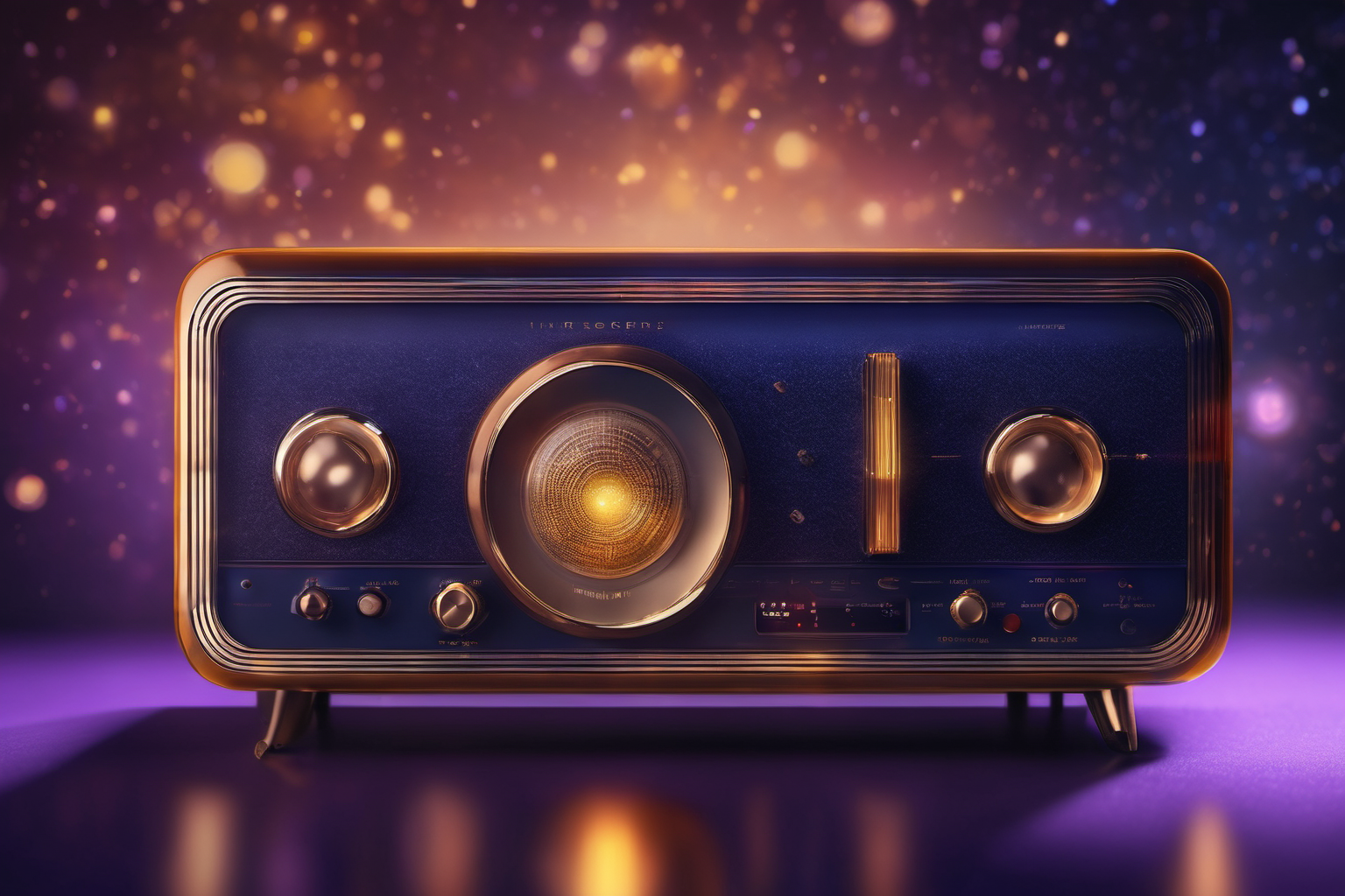 A vintage radio receiver glowing with warm amber light against a deep indigo and violet gradient